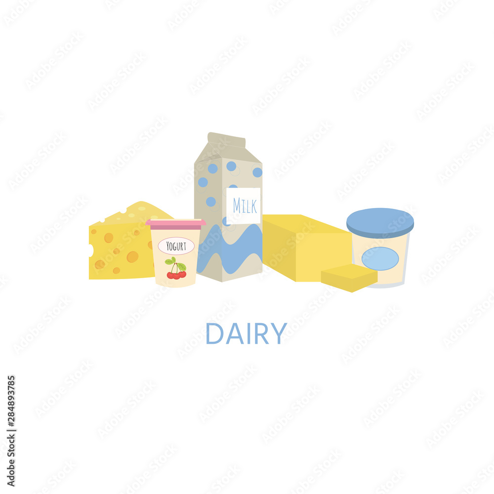 Diet. Healthy eating concept. dairy food icons isolated on white background. Daily ration. Proteins, fats, carbohydrates. Vector illustration Diet. Healthy eating concept. dairy food icons isolated on white background. Daily ration. Proteins, fats, carbohydrates. Vector illustration