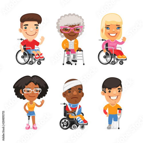 Set of injured people flat characters in wheelchairs and various cases. Isolated on white background.