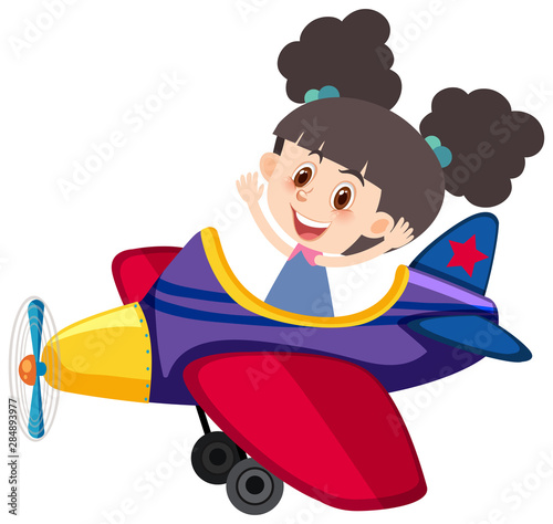 Single character of girl riding airplane on white background