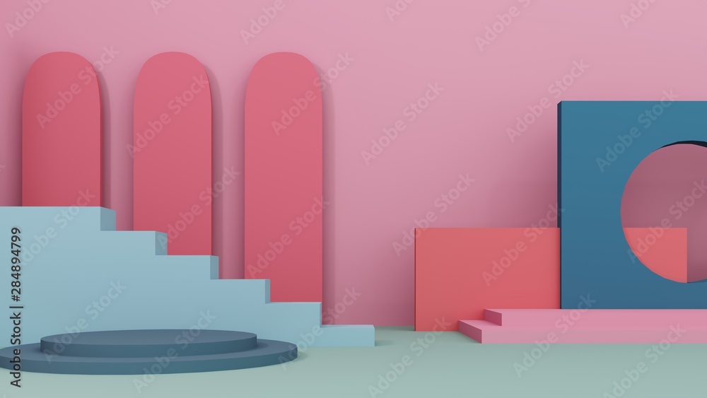 Staircase with steps -podium,stand for shoes on background of vintage bright room - 3D,render.Interior studio with geometric objects. Architectural background for advertising products, presentations. Staircase with steps -podium,stand for shoes on background of vintage bright room - 3D,render.Interior studio with geometric objects. Architectural background for advertising products, presentations.