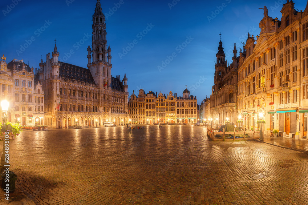 Central square near town hall in old town city of Brussels, Belgium at night
