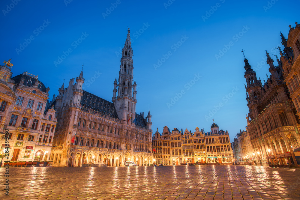 Central square near town hall in old town city of Brussels, Belgium at night