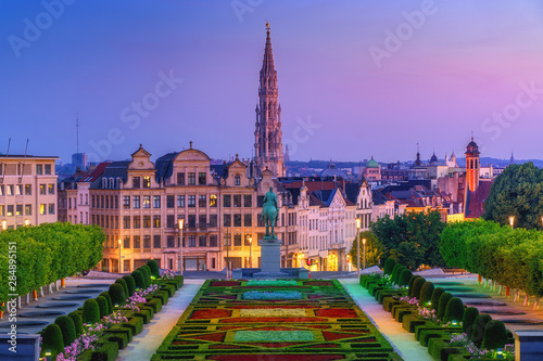 City of Brussels skyline in sunrise morning. Cityscape view from Kunstberg, Mont des Arts to city hall and central old town. Belgium, Europe