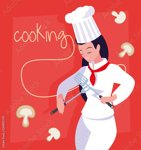 professional chef female cooking with mushrooms
