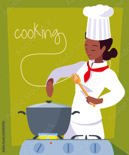 professional chef female cooking with pot in stove