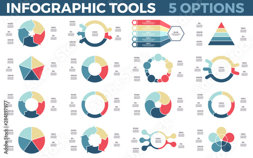 Vector infographics. Circular diagrams. Data visualization templates with 5 steps, options, processes. Vector charts.