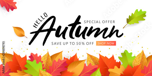 Hello Autumn Sale background, banner, poster or flyer design. Vector illustration with bright beautiful leaves border and lettering word Autumn. Template for advertising, web, social and fashion ads.