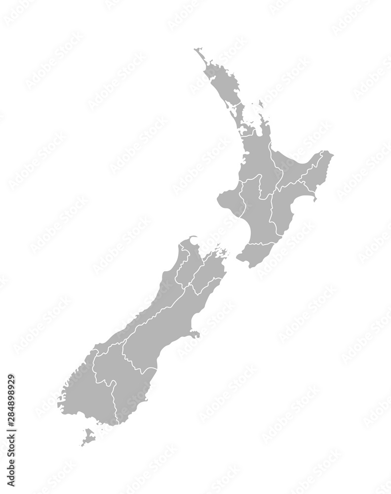 Vector isolated illustration of simplified administrative map of New Zealand. Borders of the regions. Grey silhouettes. White outline