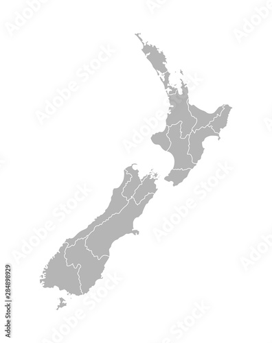 Vector isolated illustration of simplified administrative map of New Zealand. Borders of the regions. Grey silhouettes. White outline photo