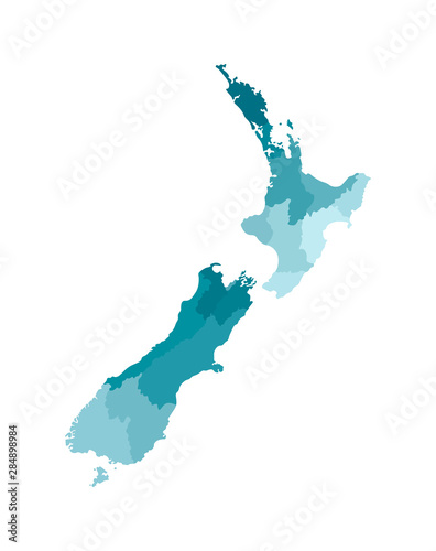Vector isolated illustration of simplified administrative map of New Zealand. Borders of the regions. Colorful blue khaki silhouettes