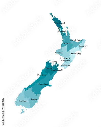 Vector isolated illustration of simplified administrative map of New Zealand. Borders and names of the regions. Colorful blue khaki silhouettes