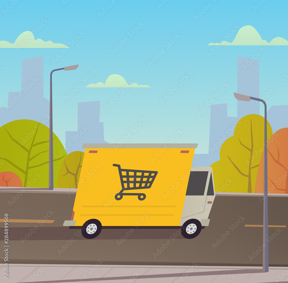 Delivery truck with city landscape.