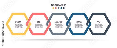 Business process. Infographic with 5 steps, options, hexagons. Vector template.