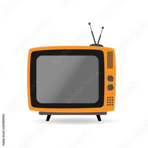 Retro TV set. Flat orange color television with antenna icon symbol sign isolated on white background. Vector stock illustration photo