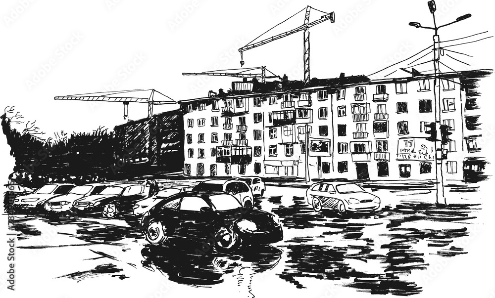 Vector sketch of street scene in Odesa, Digital ink illustration.