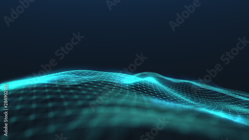 3d animation small turquoise information units connected into perfect moving illuminated winding net in dark background. Motion graph. Digitized world and blue ocean strategy concept. Big data.