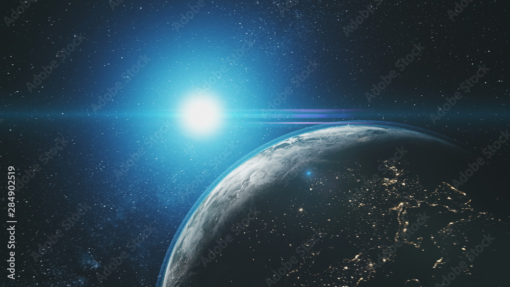 Obraz premium Earth Orbit Reverse Blue Sun Radiance Outer Space. Epic Cosmos Nebula Constellation Celestial Navigation Satellite View Universe Concept 3D Animation