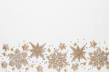 Christmas composition. Christmas decorations on white background. Flat lay, top view
