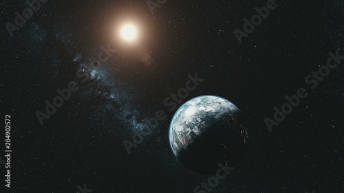 Earth Orbit Rotation Sun Beam Milky Way Background. Dark Outer Space Starry Galaxy Cosmos Constellation Travel Universe Exploration Concept 3D Animation