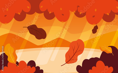 hello autumn poster with landscape and leafs