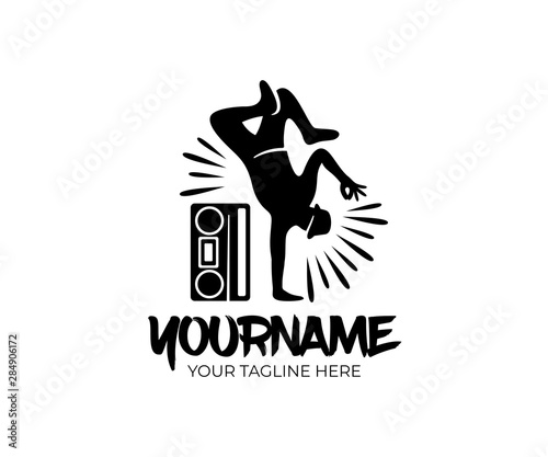 Hip hop dancer and cassette player or retro tape player, logo design. Street dances, music and art, vector design and illustration