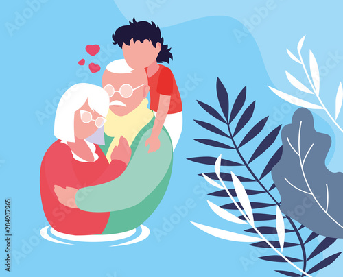 cute old couple hugged with grandson