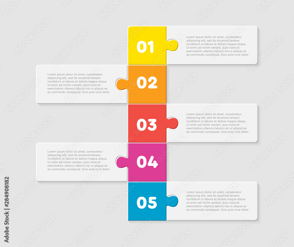Five pieces jigsaw puzzle squares line infographic Five pieces jigsaw puzzle squares line infographic