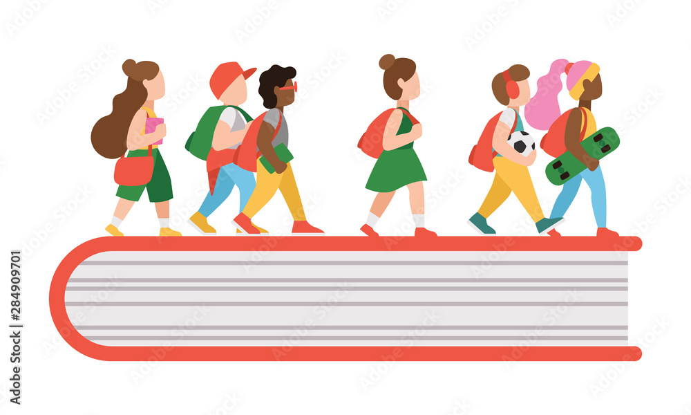 Group of teenagers walk. Back to school banner. Vector illustration. Banner of education