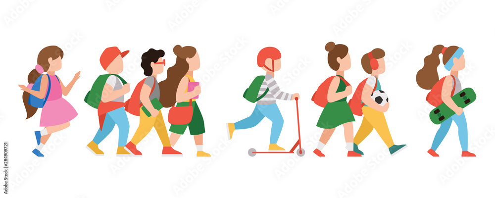 Group of happy walking teenagers, students, pupils or millennials. teenage boys and girls standing in row or line. Young generation. Vector illustration