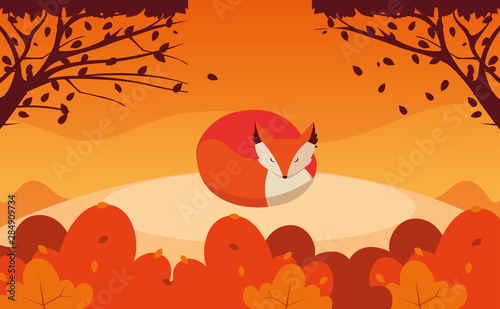 hello autumn poster with fox animal © djvstock