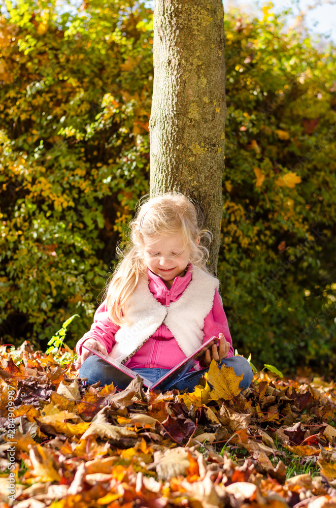 adorable blond child reading book by the trunk in autumnal sunset afmosphere adorable blond child reading book by the trunk in autumnal sunset afmosphere