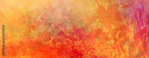 Vibrant colorful abstract background with paint spatter and grunge texture, bright orange red yellow and purple pink colors with lots of grungy textured detailed illustration