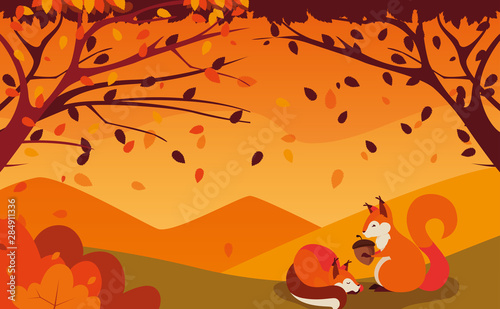 hello autumn poster with chipmunks and nut