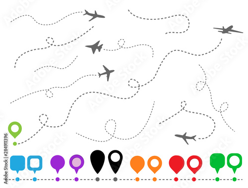 Set symbols aircrafts and pins. Plane line path. dotted trail and fly direction. Airplane silhouette. Vector illustration.