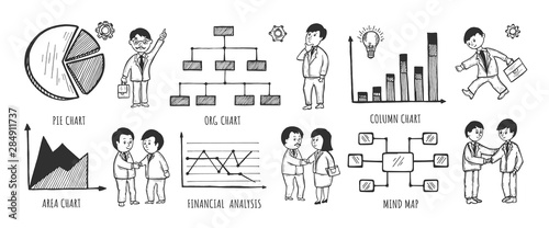 Business icons set in hand drawn style