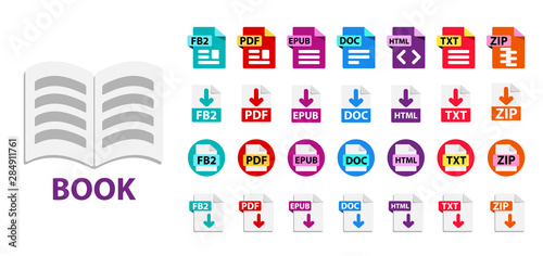 Collection of vector icons for e-book. File format extensions icons. FB2, EPUB, PDF, DOC, HTML, TXT, ZIP. Circle buttons. flat design style