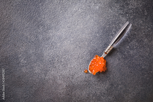 Salmon  Red Caviar in a white plate on a dark background. Healthy Food Concept. Snack.Copy space for Text.Seafood.