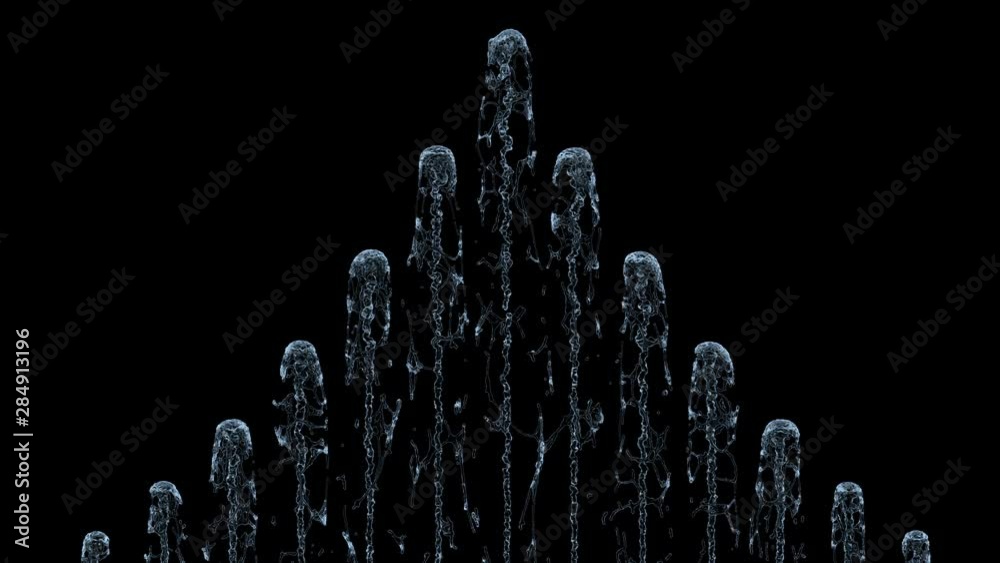 4K slow motion blue water fountain isolated on a black background with alpha matte