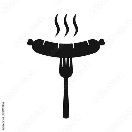Grilled sausage on fork icon. Hot sausage on fork isolated sign on white background. Vector illustration