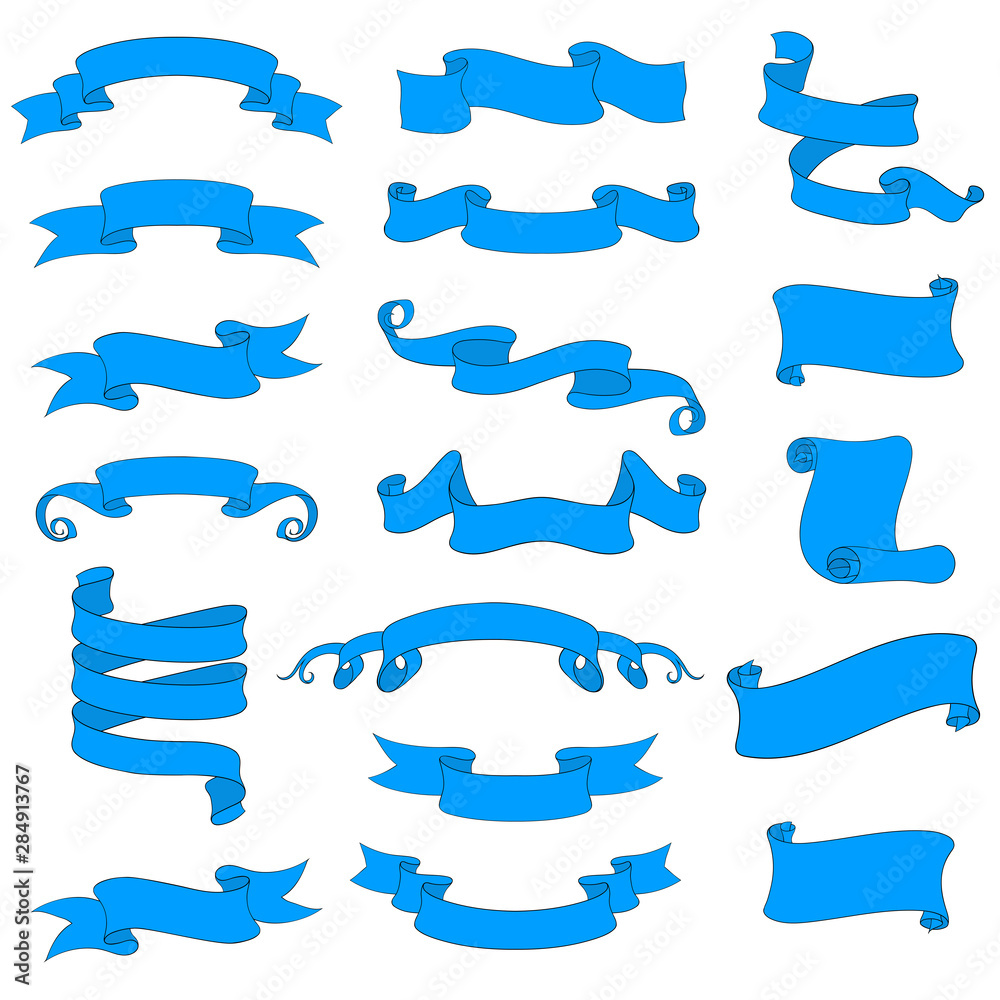 Ribbon and paper scrolls. Blue icons set