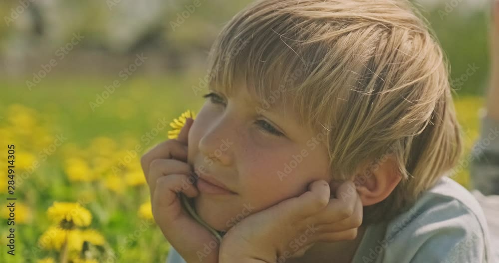 Pretty caucasian boy lying on a spring meadow and looks. Happy child lies on daisies field, closeup view. Cute smiling face of a blond hair boy, on the meadow. Happiness and childhood. Slow motion Pretty caucasian boy lying on a spring meadow and looks. Happy child lies on daisies field, closeup view. Cute smiling face of a blond hair boy, on the meadow. Happiness and childhood. Slow motion