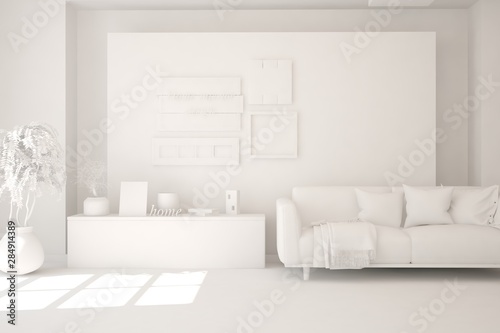 Mock up of stylish room in white color with sofa. Scandinavian interior design. 3D illustration