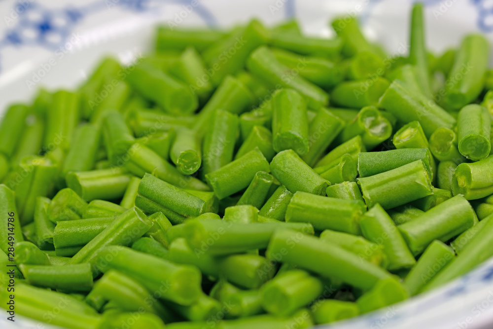 Grüne Bohnen, Phaseolus vulgaris, geschnitten Grüne Bohnen, Phaseolus vulgaris, geschnitten