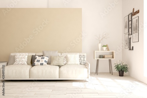 Stylish room in white color with sofa. Scandinavian interior design. 3D illustration