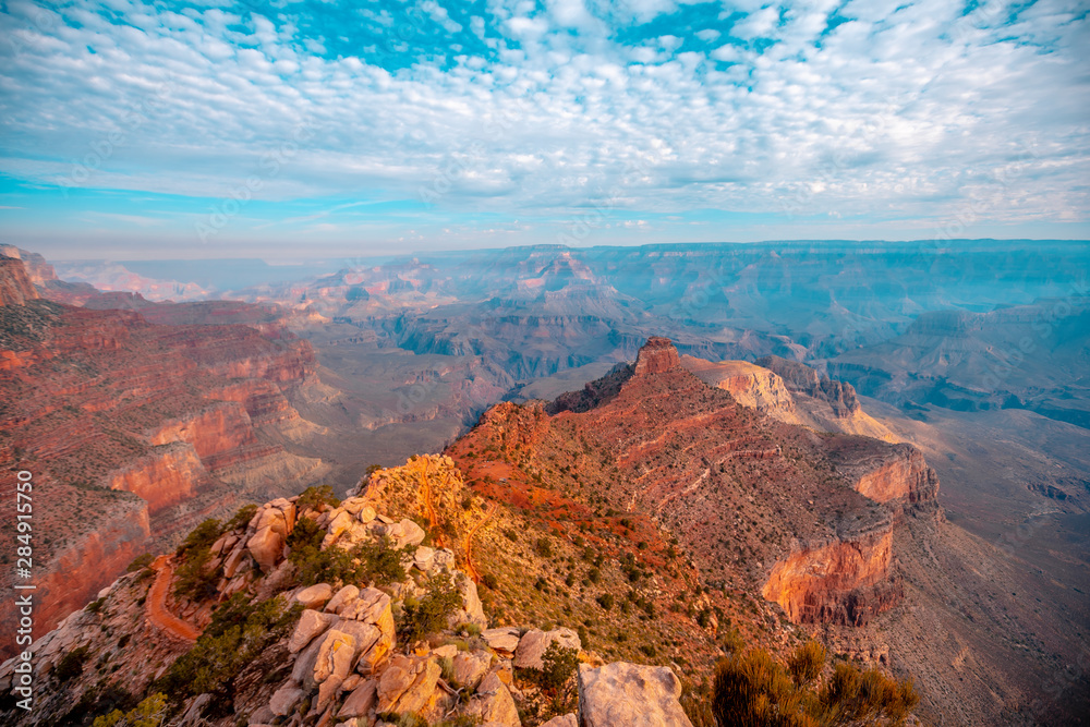 Panoramic of the beautiful descent of the South Kaibab Trailhead. Grand Canyon, Arizona