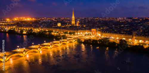 Night view from the drone on the Bordeaux. France