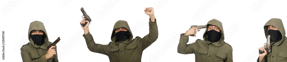 Masked man in criminal concept on white Masked man in criminal concept on white