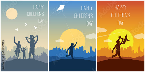 Set of cards for Happy Children’s Day. Daughter on a shoulders of his father. Mother and son holding hands. Boy let a kite. Children play outdoors. Background with landscape and copy space.