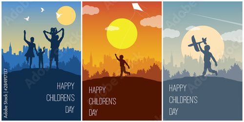 Set of cards for Happy Children’s Day. Daughter on a shoulders of his father. Mother and son holding hands. Boy let a kite. Children play outdoors. Background with landscape and copy space.