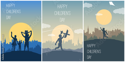 Set of cards for Happy Children’s Day. Daughter on a shoulders of his father. Mother and son holding hands. Boy let a kite. Children play outdoors. Background with landscape and copy space.